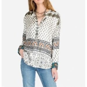 Johnny Was Silk‎ Corey Boxy Blouse Top Boho Floral Embroidered Cuff Size Small